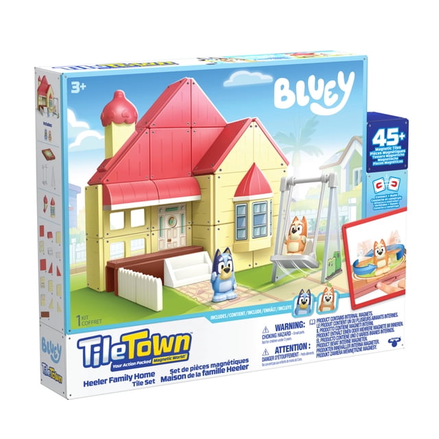 Tile Town Bluey Heeler Home Magnetic Tiles Playset with over 45 magnetic pieces forming a yellow house with a red roof, including magnetic Bluey and Bingo figures on a swing and dance mat, promoting STEM learning and creative construction play for children aged 3 and up.
