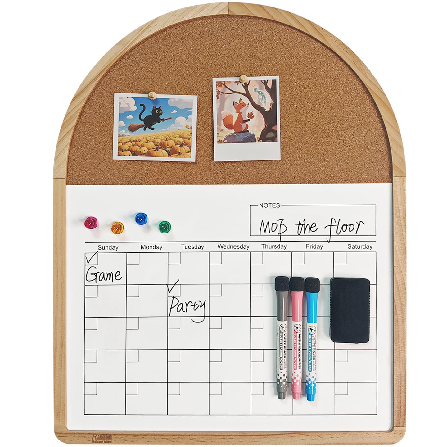 Curved Calendar Whiteboard, 16.5&Prime;x20.4&Prime;, Magnetic Dry Erase Board, Holiday Gift, Pine Frame, Wall Mounted, Comes with 3 Marker Pens, 4 Ma