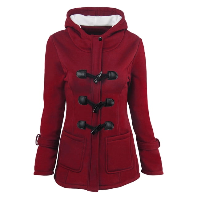 Fiogavroetic Women Color Horn Buttons Cardigan Padded Hooded Coat Jacket Overcoat