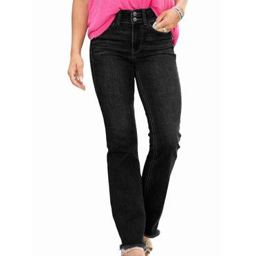 Straight Leg Jeans for Women High Waisted Stretchy Frayed Raw Hem Loose Denim Pants Casual Black M