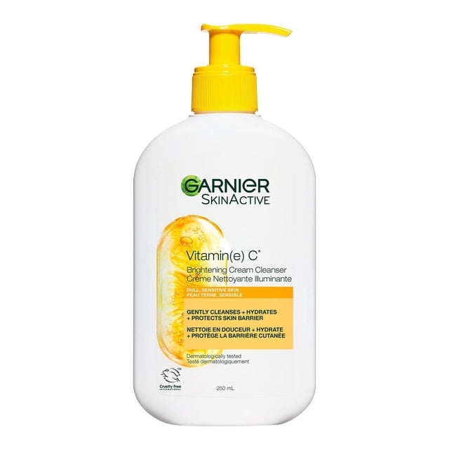 Garnier Brightening Cream Cleanser 250 ml white bottle with yellow pump dispenser, featuring Vitamin C cream-to-foam formula that gently cleanses, hydrates, and protects the skin barrier, ideal for sensitive and dull skin types.