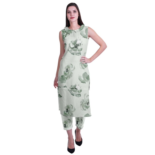 Moomaya Ensemble Kurta et Pantalon Sans Manches pour Femmes à Col Peter Pan Imprimé, Ensemble Ethnique 2 Pcs