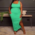 thumbnail image 2 of EQWLJWE Longue Robe pour Femmes Robe d'Été pour Femmes Mode Grande Taille Couleur Unie Col en U Sans Manches Plissée Extensible Fendue, 2 of 6