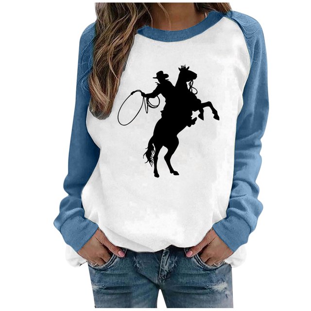 CEHVOM Mode Femmes Décontracté Imprimé Col Rond Manches Longues T-Shirt Ample Blouse Pull Tops Chandails en Molleton Sans Capuche Liquidation