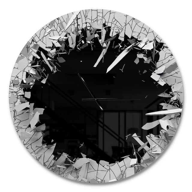 Designart « Abstract Broken Wall 3D Design » Horloge Murale Moderne avec un Centre Rond Noir Réfléchissant et un Motif de Mur Brisé 3D Blanc et Gris Fissuré sur un Panneau en Aluminium Massif de 1 mm, avec une Finition Lustrée, Prête à Accrocher avec Quincaillerie de Montage Incluse et Pile AA.
