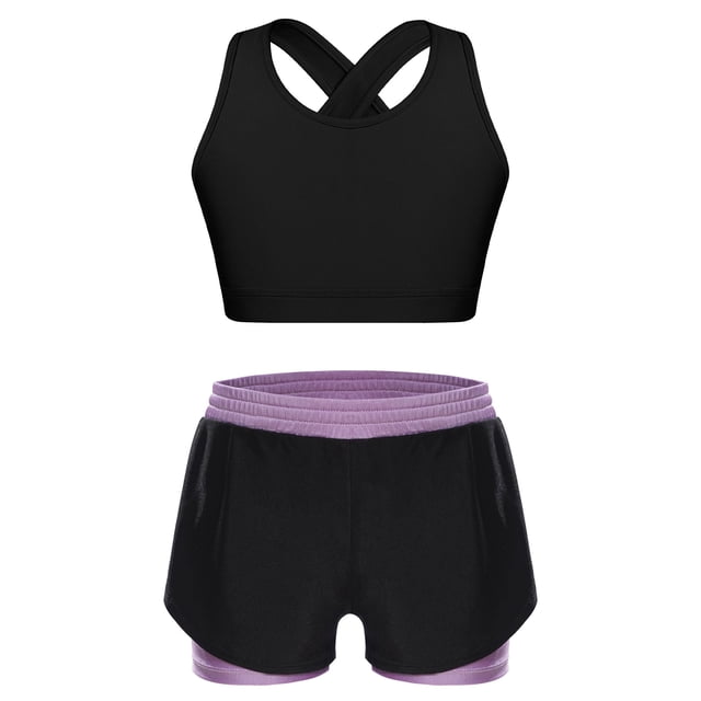 MSemis Kids Girls 2pcs Sports Set Keyhole Cross Back Tank Tops and Shorts Set For Yoga Gymnastics Dance Light Purple 14