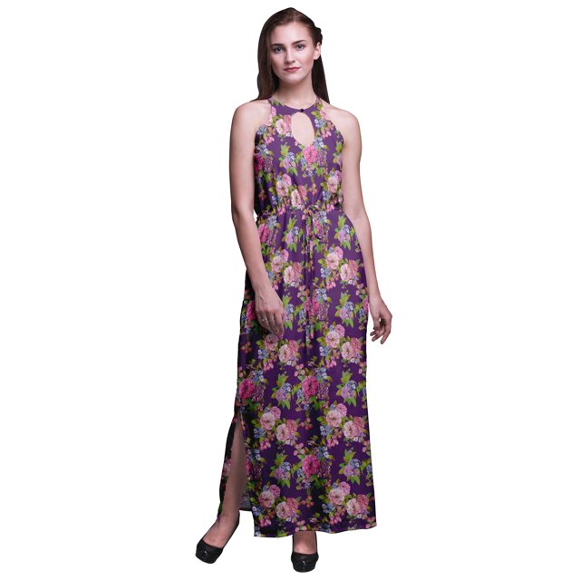 Bimba Robe Longue Décontractée à Col Licou pour Femme avec Fentes Latérales, Imprimée, Tenue de Soirée - Grand