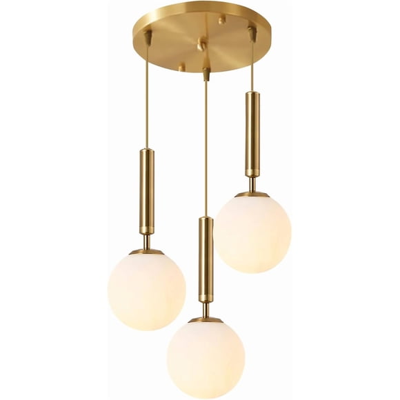 KCO Lighting 3-Lighs Cluster Pendant Lighting, Mid Century Gold Globe Pendant Light, Large Milk White Glass Chandelier