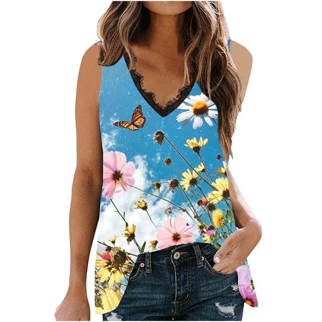 Cameland Débardeur Blouse Sans Manches à Col en V en Dentelle Patchwork Imprimée pour Femme