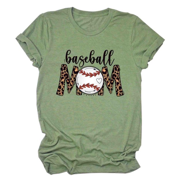 Womens Solid Color Short Sleeve Casual Baseball Print T-shirt Round Neck Print Tops