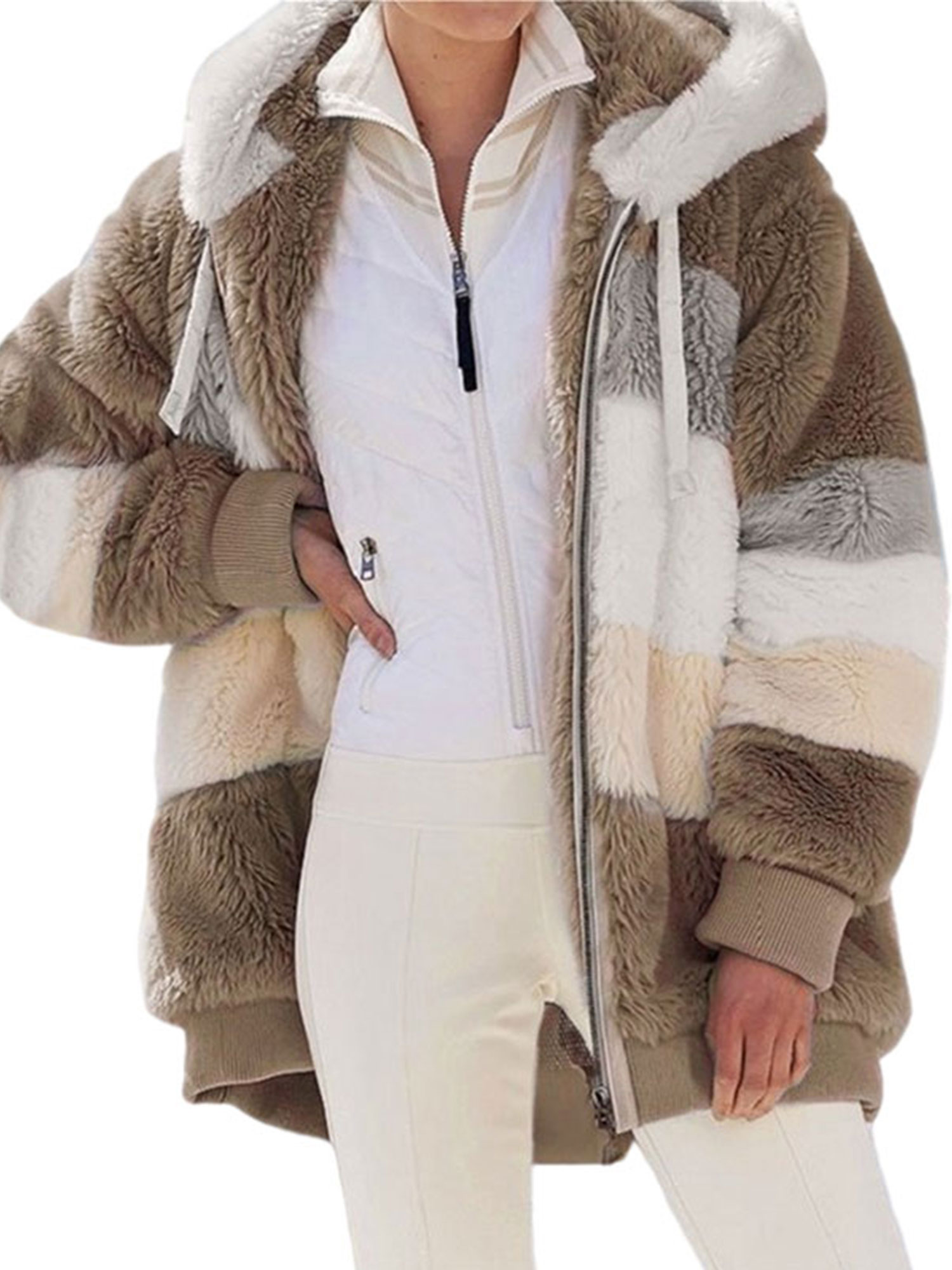 Innerwin Veste à Manches Longues Manteau Femme Hiver Chaud Patchwork avec Poches Manteau Kaki P