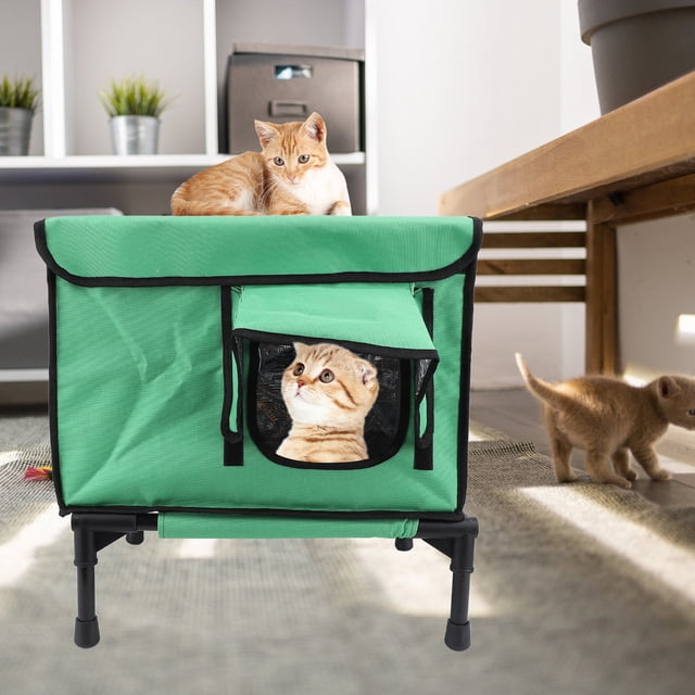 Maison pour Chat Chauffante pour l'Extérieur, Maison pour Chat d'Extérieur Imperméable et Isolée avec Coussin Chauffant et Porte d'Évasion, Abri Surélevé Étanche pour Chats Sauvages d'Extérieur en Hiver, Grange pour Chat