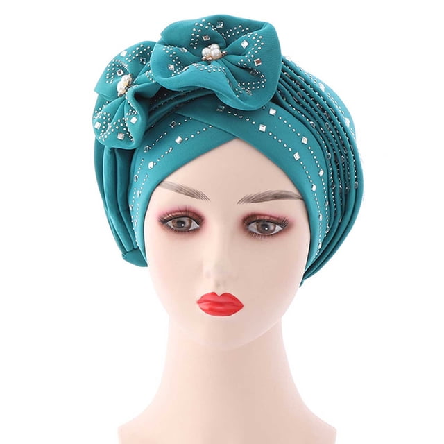 Fashion Women Beading Braid Hat Muslim Ruffle Cancer Wrap Cap Sleep Caps Satin Lined Hair Bonnets