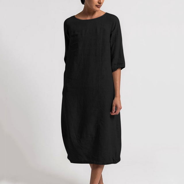 TIMIFIS Robe en Coton et Lin pour Femme Décontractée Ample Robe d'Été Longue Robe à Manches Courtes Robes Maxi Été Grande Taille Robe de Plage Été
