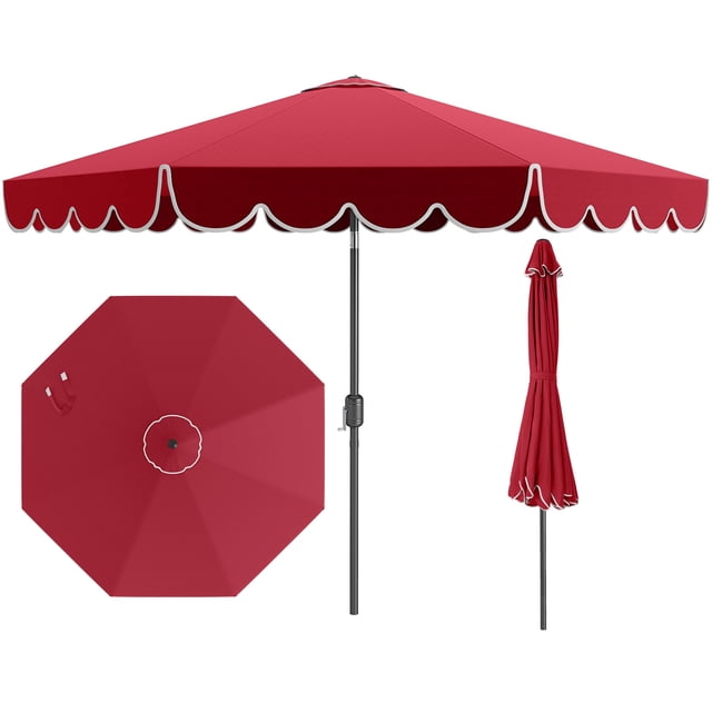 Costway 10 FT Patio Umbrella with Crank Tilt Adjustment featuring ruffled edges and vented top in red. Designed for patio shade, outdoor dining, or poolside relaxation, it includes 8 sturdy metal ribs, a 180G polyester canopy, and a push-button tilt function for customizable shade. Features a crank handle for easy opening and closing, and a compact design for storage.