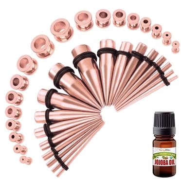 BodyJ4You 37PC Gauges Kit Ear Aftercare Jojoba Oil Wax 14G-00G Rose Goldtone Taper Screw Fit Tunnel