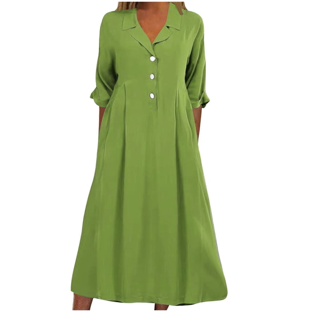 Pisexur Robes d'Automne pour Femmes 2024, une Robe maxi Unie Verte avec Col Rabattu, Manches 1/2 et Coupe Fluide à Col en V. Dotée d'Un devant Boutonné, Idéale pour les occasions Décontractées, les Retour à la Maison Ou les Événements de cocktail.