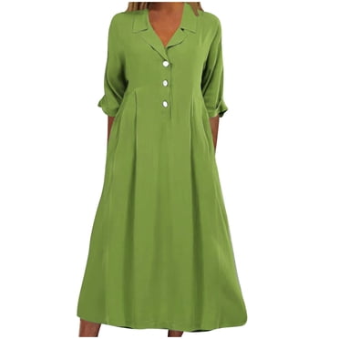 Pisexur Robes d'Automne pour Femmes 2024 Col Rabattu Manches 1/2 Robe Maxi Mode Élégante Couleur Unie Robes de Retour à la Maison Décontractées Fluides Col en V Boutonnée Robe de Cocktail