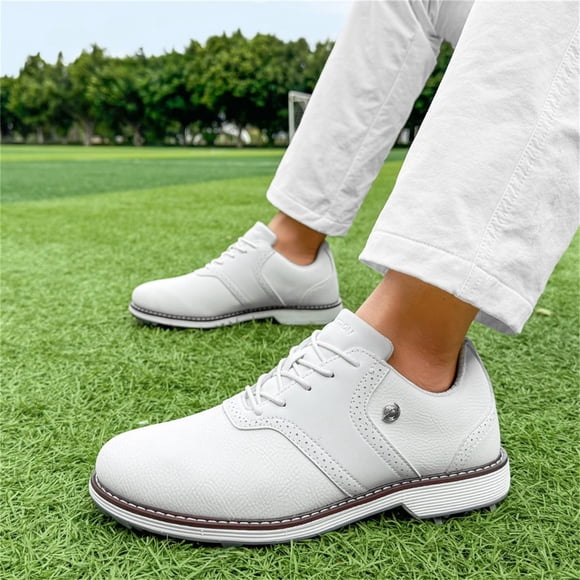 Men's Golf Sports Shoes All Seasons Waterproof Comfortable Spikeless Sole Business Casual Brogue Style Training Walking Shoes Multi-Surface Traction White