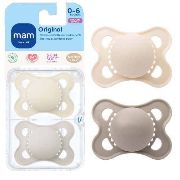 Suces pour nouveau-nés MAM Start Matte, (emballage de deux, 1 boîtier de stérilisation pour suce), sucettes bébés unisexes, meilleure suce pour les bébés allaités, boîtier autostérilisant pour su