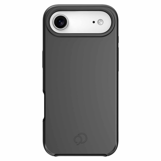Nimbus9 Cirrus 3 MagSafe Case Black for iPhone Air shown from the back with a matte black dual-layer design featuring soft-touch texture, raised camera bezel, and precise cutouts. It includes RISEGUARD corner fins and 3D HEXA PATTERN shock absorption for drop protection up to 20ft, compatible with magnetic accessories.