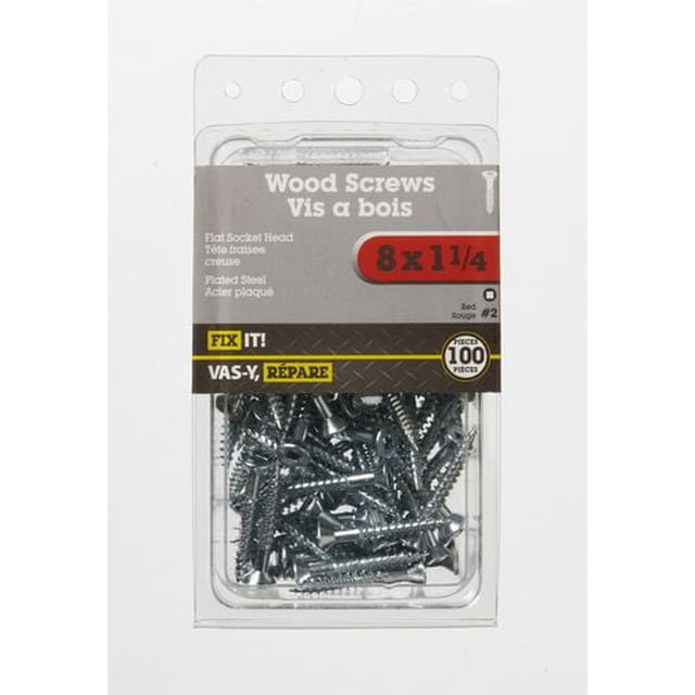 8x1-1/4" Flat Head Wood Screw 100 Pieces in clear plastic packaging with grey and red label, zinc plated steel screws with flat socket heads that cut their own thread in wood, ideal for DIY home repair and woodworking projects.