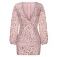 thumbnail image 4 of FAIWAD Robe Scintillante à Paillettes pour Femmes Portefeuille à Col en V Manches Longues Bouffantes Robe Froncée Ajustée Extensible Robe de Cocktail, 4 of 6