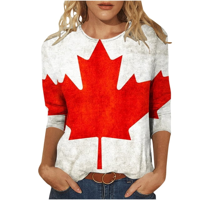 Amzcrzy Hauts pour Femmes Tendance à Imprimé de Feuille d'Érable T-Shirts de la Fête du Canada Décontractés Col Rond Manches 3/4 Hauts d'Été pour Femmes Confortables Basiques Hauts de Sortie