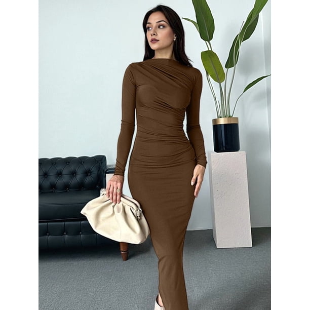 tan long sleeve bodycon dress Women'S Fall Maxi Dresses Ruched Crew Neck Slim Fit Cocktail Party Coffee Color M Color:34Jester Red 95% Poly Womens swimwear Avril Lavigne Sensual With