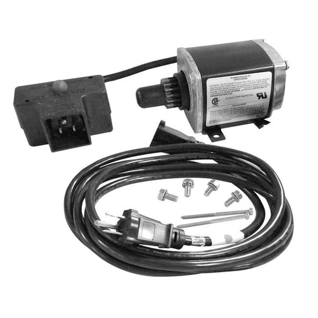 Laser Tecumseh Electric Starter showing a black electric starter motor with metal mounting flange, attached starter button, coiled black extension cord with plug, and mounting hardware including screws and bolts, designed for automotive charging and starting system replacements.