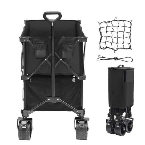 KFFKFF 400L Double Decker Wagon with 450lbs Weight Capacity, Utility Folding Wagon Cart Heavy Duty,with Big All-Terrain Beach Wheels & Drink Holders,for Camping, Garden, Sports, Beach, Shopping,Black
