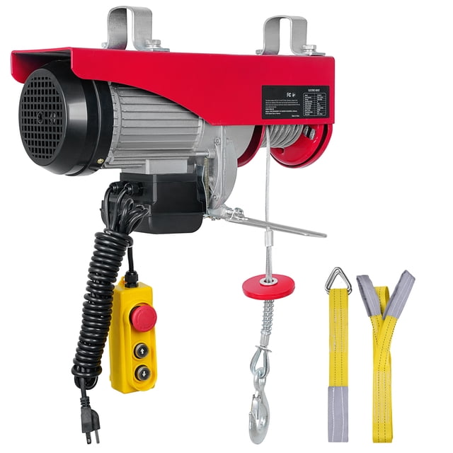 KFFKFF Powered Lift with a 1760 lbs load capacity, featuring a 14ft corded remote and a 40ft lifting range. The electric hoist includes a durable red and silver housing, a genuine copper motor with a cooling fan, and a braided steel cable for reliable operation. Visible components include alloy steel hooks, yellow polyester lifting straps, and a yellow remote control with emergency stop functionality. Suitable for garages, factories, and warehouses.
