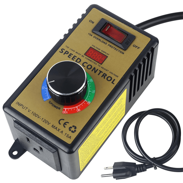 AC Motor Speed Controller with adjustable voltage range of 100V-120V and 15A max capacity. Features a rotary knob for precise control, an LED display for voltage monitoring, and a 15A overload protection switch. Designed with a flame-retardant casing and a US plug, suitable for various applications like fans, small motors, and soldering irons. Includes a detachable power cord.