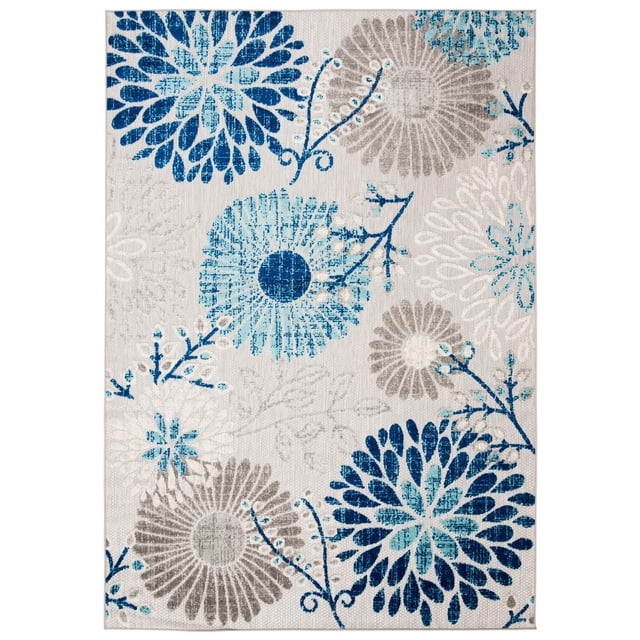 Safavieh Cabana Garnet Floral Outdoor Area Rug with beige background and large blue and gray floral patterns, made from durable, weather-resistant synthetic yarns ideal for outdoor patios, decks, or busy indoor spaces.