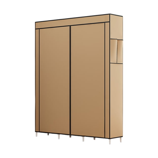 Coffee Dustproof Closet Wardrobe Multifunctional Fabric Storage Cabinet Assembly Organizer for home and bedroom. A portable wardrobe with coffee-colored non-woven fabric, modular splicing design for easy assembly, and adjustable partitions and hanging rods for personalized storage. Dimensions: 170x130x45cm (66.9x51.1x17.7in). Ideal fabric organizer for small spaces, dorms, or temporary outdoor use.