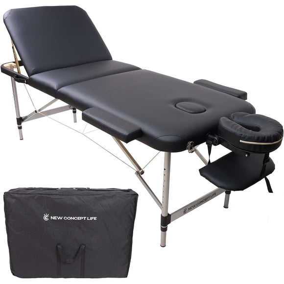 Table de Massage Portable, 3 Lits de Massage SPA Professionnels Pliants avec Coussin Épais. Longueur 73 Pouces, Largeur 28 Pouces Lit de SPA à Hauteur Réglable avec Berceau pour le Visage, Accoudoirs et Sac de Transport (Aluminium, Noir)