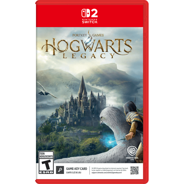 Hogwarts Legacy Nintendo Switch 2 game key card featuring Hogwarts castle with misty mountains, a wizard riding a white hippogriff holding a glowing blue wand, and the Warner Bros. Games logo, representing an immersive open-world RPG experience.