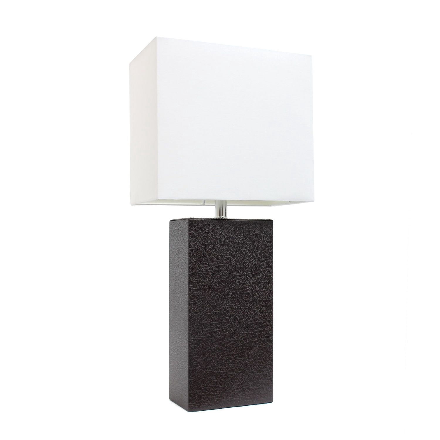 Conceptions Elégantes Lampe de table moderne en cuir avec abat-jour en tissu blanc, brun espresso