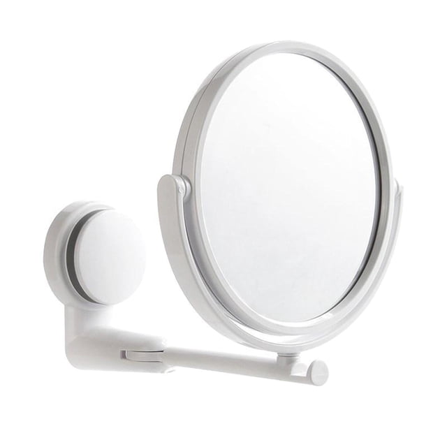 Bathroom Shaving Makeup Mirror Wall Rotating Mirror - Double Sided Mirror in a circular shape with a white frame. Features a wall-mounted design with an adjustable rod and 360-degree rotation for multi-angle viewing. Includes a transparent suction cup for secure installation. Compact and foldable, suitable for home, bathroom, or hotel use.