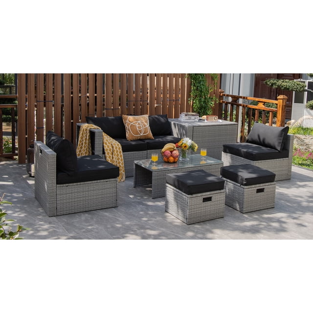 Patiojoy 8 Pieces All-Weather PE Rattan Patio Furniture Set Outdoor Space-Saving Sectional Sofa Set with Storage Box