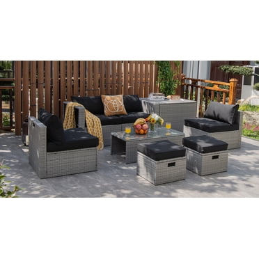 Patiojoy 8 Pieces All-Weather PE Rattan Patio Furniture Set Outdoor Space-Saving Sectional Sofa Set with Storage Box