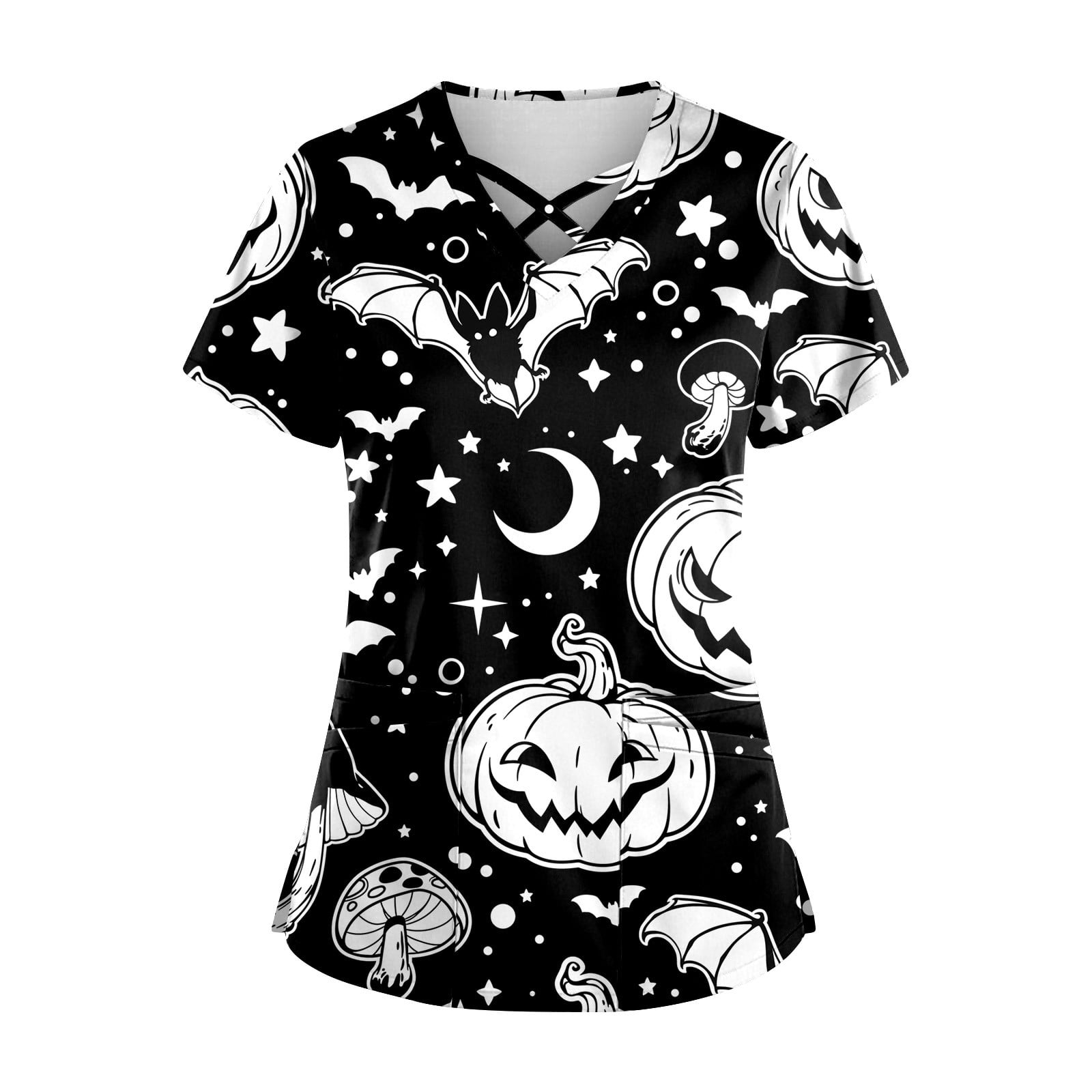 LINMOUA Plus SizePrinted Scrub Working Uniform Tops For Women's Cross V-Neck Halloween Print Short Sleeve Fun T-Shirts Workwear Tee With Pockets