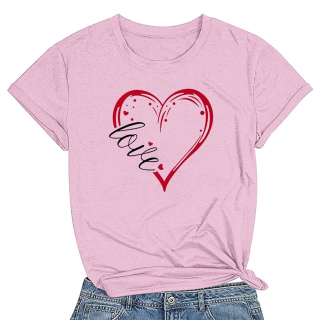 Meichang T-Shirts de la Saint-Valentin pour Femmes Mignons avec Cœur d'Amour T-Shirts Graphiques de Fête Manches Courtes Hauts Col Rond Coupe Ample T-Shirts Tendance T-Shirts