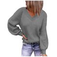 thumbnail image 1 of Pompotops Mode Dames Décontracté Uni Manches Longues Col en V Chandail Ample Blouse Femme, 1 of 4