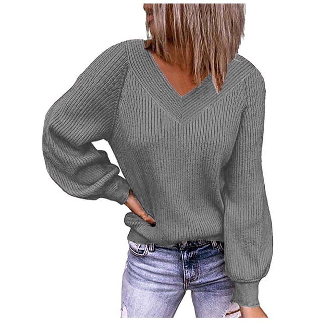 Pompotops Mode Dames Décontracté Uni Manches Longues Col en V Chandail Ample Blouse Femme