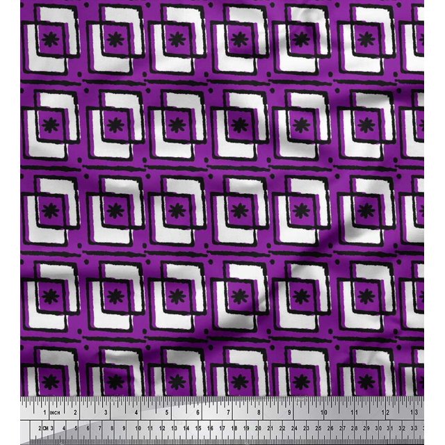 Soimoi Moss Georgette Fabric Square & Floral Block Printed Craft Fabric by The Yard 42 Inch Wide