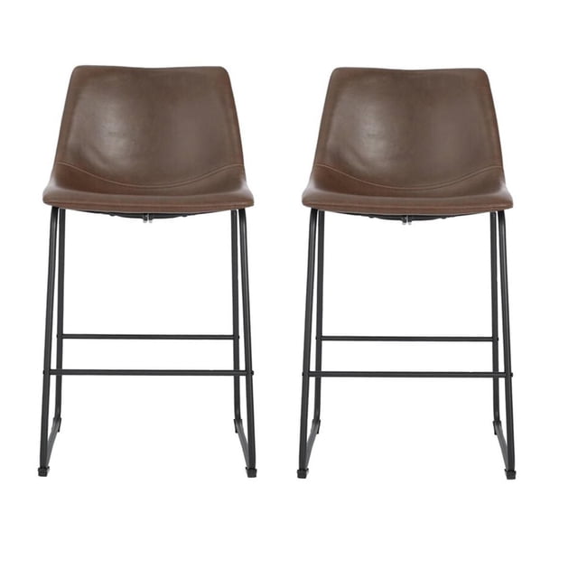 Heavenly Collection Brown Counter Stool for Dining Area set of 2 with brown faux leather upholstery featuring matching zig-zag stitching and black powder-coated steel sled legs, 26-inch seat height, ideal for kitchen seating and often used as extra workspace seating.