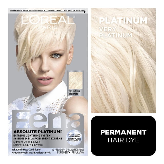 L'Oréal Paris Feria Absolute Platinum permanent hair dye box featuring a model with short platinum blonde hair, showcasing the extreme lightening system that lightens up to 6 levels with anti-brass conditioner and ammonia-free formula for a crystal-clear platinum result.