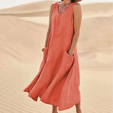 Aqestyerly Robe d'Été pour Femme Sans Manches à Col en V Couleur Unie Coton Lin Longue Décontractée Confortable Légère Mode Robe Maxi HWRETIE