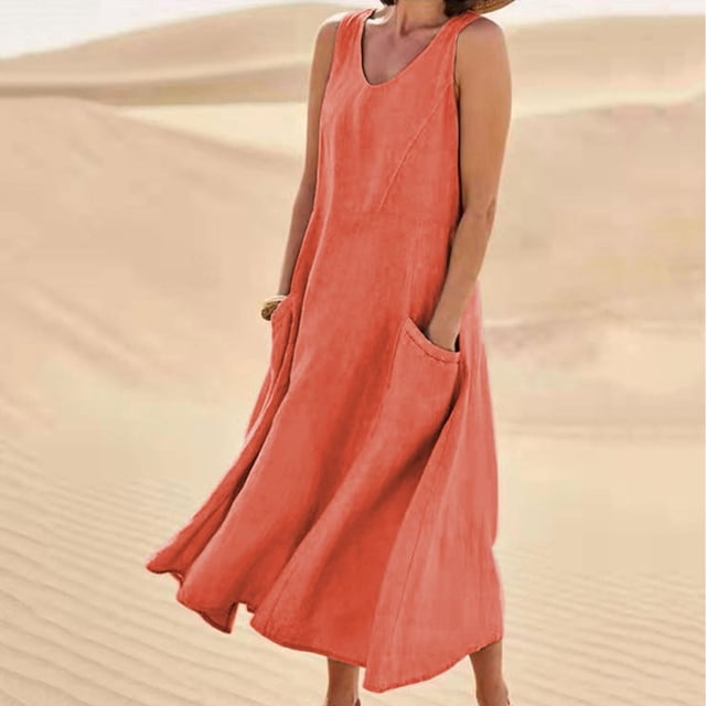 Meichang Robes de Printemps pour Femmes 2024 Robe Unie en Coton et Lin Décontractée à Col Rond Sans Manches Robes Maxi Robe d'Été de Plage et de Soleil avec Poches